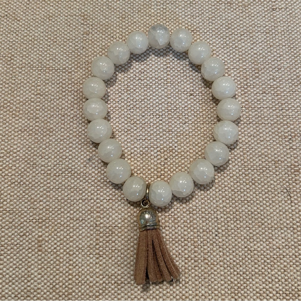 White Crystal Bracelet with Leather Tassel